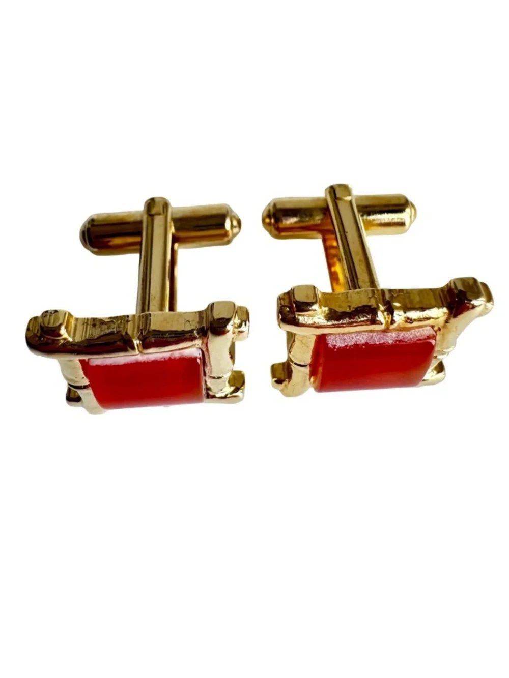 Vintage Red Square Cufflinks Gold Tone Bamboo Style Frame Statement Accessory